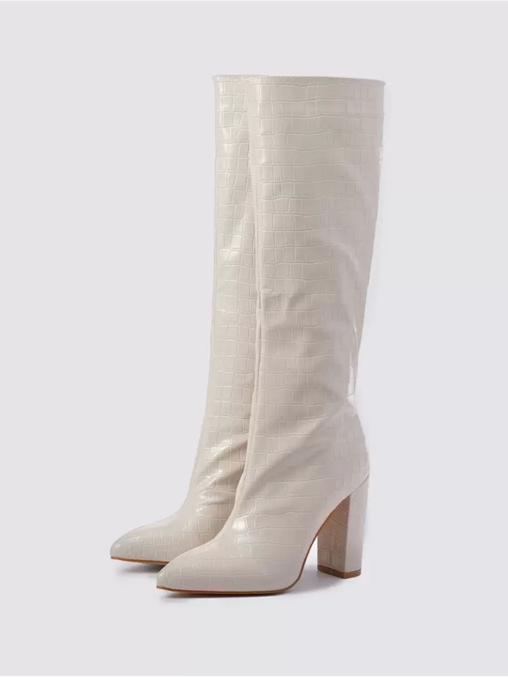 Cream Croc-Embossed Knee-High Block Heel Boots